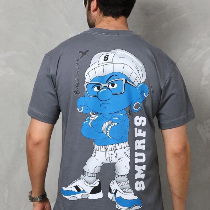 Erkek Kısa Kol Yazlık Tişört Bisiklet Yaka Baskılı Oversize T-Shirt - Füme Erkek Kısa Kol Yazlık Tişört Bisiklet Yaka Baskılı Oversize T-Shirt - Füme