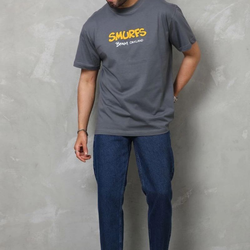 Erkek Kısa Kol Yazlık Tişört Bisiklet Yaka Baskılı Oversize T-Shirt - Füme Erkek Kısa Kol Yazlık Tişört Bisiklet Yaka Baskılı Oversize T-Shirt - Füme