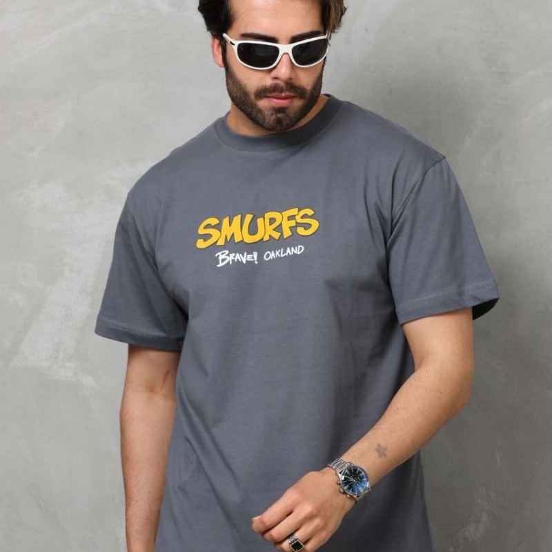 Erkek Kısa Kol Yazlık Tişört Bisiklet Yaka Baskılı Oversize T-Shirt - Füme Erkek Kısa Kol Yazlık Tişört Bisiklet Yaka Baskılı Oversize T-Shirt - Füme
