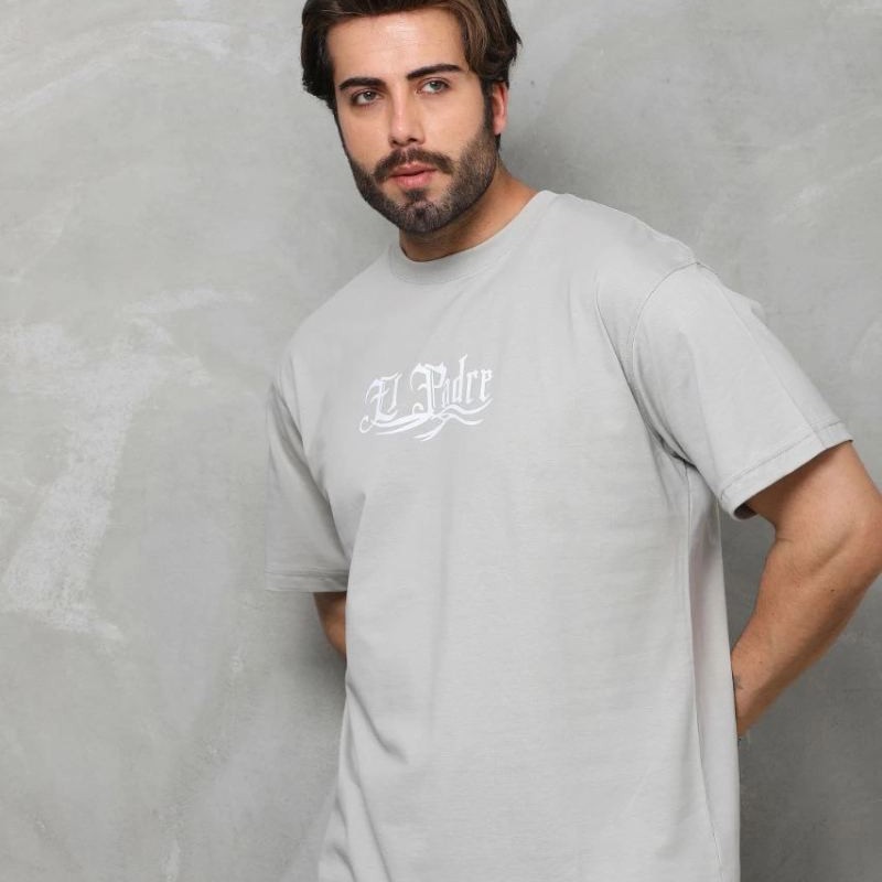 Erkek Kısa Kol Yazlık Tişört Bisiklet Yaka Baskılı Oversize T-Shirt - Gri Erkek Kısa Kol Yazlık Tişört Bisiklet Yaka Baskılı Oversize T-Shirt - Gri