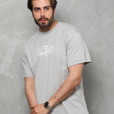 Erkek Kısa Kol Yazlık Tişört Bisiklet Yaka Baskılı Oversize T-Shirt - Gri Erkek Kısa Kol Yazlık Tişört Bisiklet Yaka Baskılı Oversize T-Shirt - Gri