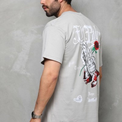 Erkek Kısa Kol Yazlık Tişört Bisiklet Yaka Baskılı Oversize T-Shirt - Gri Erkek Kısa Kol Yazlık Tişört Bisiklet Yaka Baskılı Oversize T-Shirt - Gri
