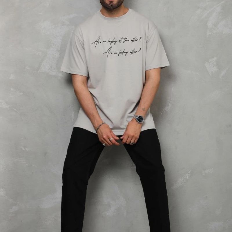 Erkek Kısa Kol Yazlık Tişört Bisiklet Yaka Baskılı Oversize T-Shirt - Gri Erkek Kısa Kol Yazlık Tişört Bisiklet Yaka Baskılı Oversize T-Shirt - Gri