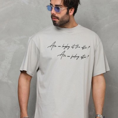 Erkek Kısa Kol Yazlık Tişört Bisiklet Yaka Baskılı Oversize T-Shirt - Gri Erkek Kısa Kol Yazlık Tişört Bisiklet Yaka Baskılı Oversize T-Shirt - Gri