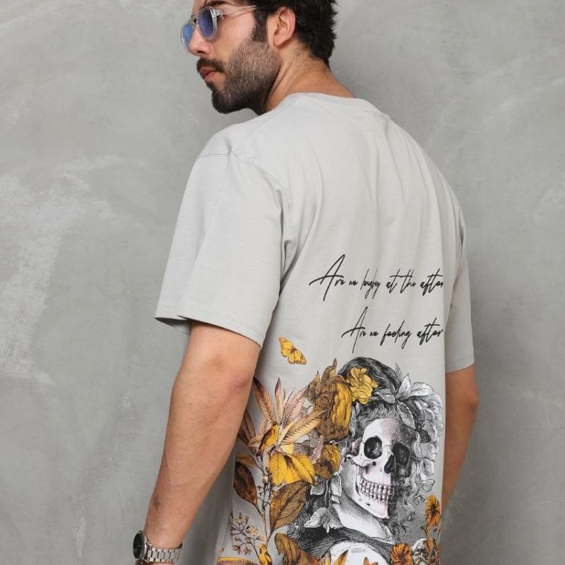 Erkek Kısa Kol Yazlık Tişört Bisiklet Yaka Baskılı Oversize T-Shirt - Gri Erkek Kısa Kol Yazlık Tişört Bisiklet Yaka Baskılı Oversize T-Shirt - Gri