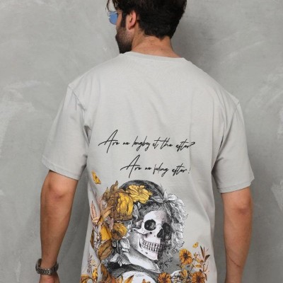 Erkek Kısa Kol Yazlık Tişört Bisiklet Yaka Baskılı Oversize T-Shirt - Gri Erkek Kısa Kol Yazlık Tişört Bisiklet Yaka Baskılı Oversize T-Shirt - Gri