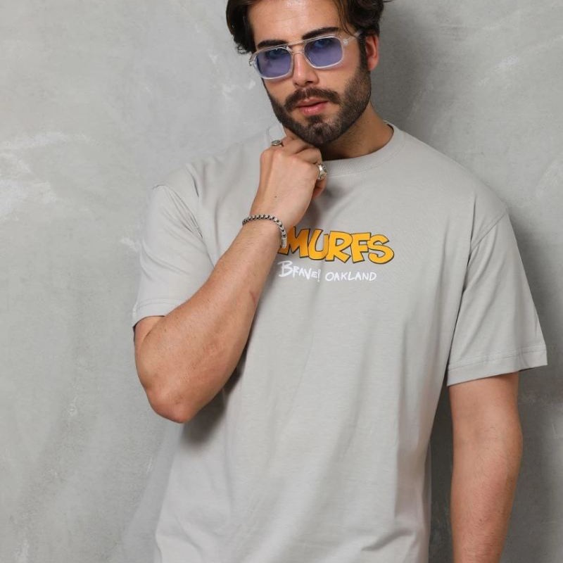 Erkek Kısa Kol Yazlık Tişört Bisiklet Yaka Baskılı Oversize T-Shirt - Gri Erkek Kısa Kol Yazlık Tişört Bisiklet Yaka Baskılı Oversize T-Shirt - Gri