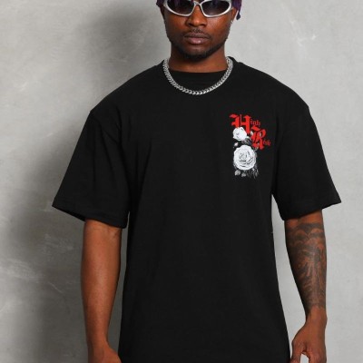 Erkek Kısa Kol Yazlık Tişört Bisiklet Yaka Baskılı Oversize T-Shirt - Siyah Erkek Kısa Kol Yazlık Tişört Bisiklet Yaka Baskılı Oversize T-Shirt - Siyah