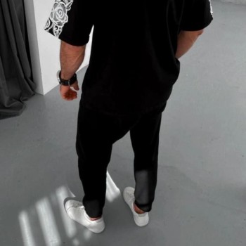 Erkek Kısa Kol Yazlık Tişört Bisiklet Yaka Baskılı Oversize T-Shirt - Siyah