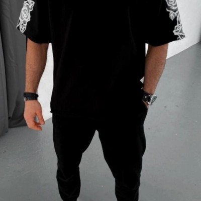 Erkek Kısa Kol Yazlık Tişört Bisiklet Yaka Baskılı Oversize T-Shirt - Siyah