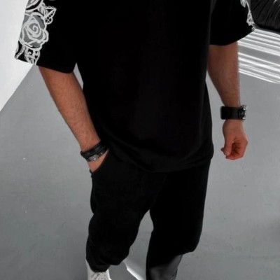 Erkek Kısa Kol Yazlık Tişört Bisiklet Yaka Baskılı Oversize T-Shirt - Siyah
