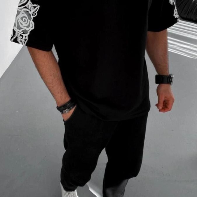 Erkek Kısa Kol Yazlık Tişört Bisiklet Yaka Baskılı Oversize T-Shirt - Siyah