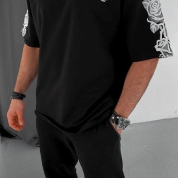 Erkek Kısa Kol Yazlık Tişört Bisiklet Yaka Baskılı Oversize T-Shirt - Siyah