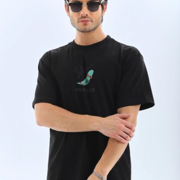 Erkek Kısa Kol Yazlık Tişört Bisiklet Yaka Baskılı Oversize T-Shirt - Siyah Erkek Kısa Kol Yazlık Tişört Bisiklet Yaka Baskılı Oversize T-Shirt - Siyah