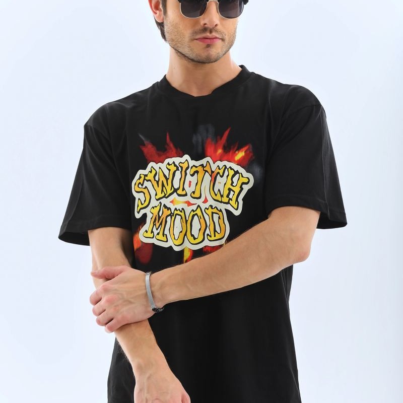Erkek Kısa Kol Yazlık Tişört Bisiklet Yaka Baskılı Oversize T-Shirt - Siyah Erkek Kısa Kol Yazlık Tişört Bisiklet Yaka Baskılı Oversize T-Shirt - Siyah