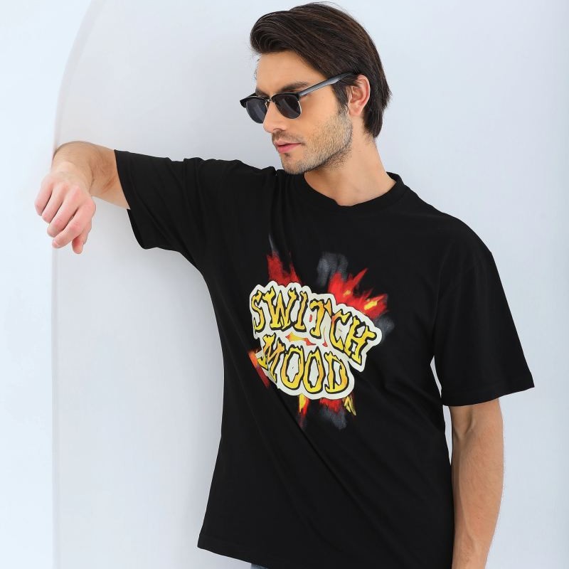 Erkek Kısa Kol Yazlık Tişört Bisiklet Yaka Baskılı Oversize T-Shirt - Siyah Erkek Kısa Kol Yazlık Tişört Bisiklet Yaka Baskılı Oversize T-Shirt - Siyah