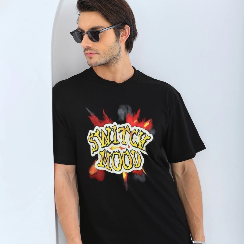 Erkek Kısa Kol Yazlık Tişört Bisiklet Yaka Baskılı Oversize T-Shirt - Siyah Erkek Kısa Kol Yazlık Tişört Bisiklet Yaka Baskılı Oversize T-Shirt - Siyah