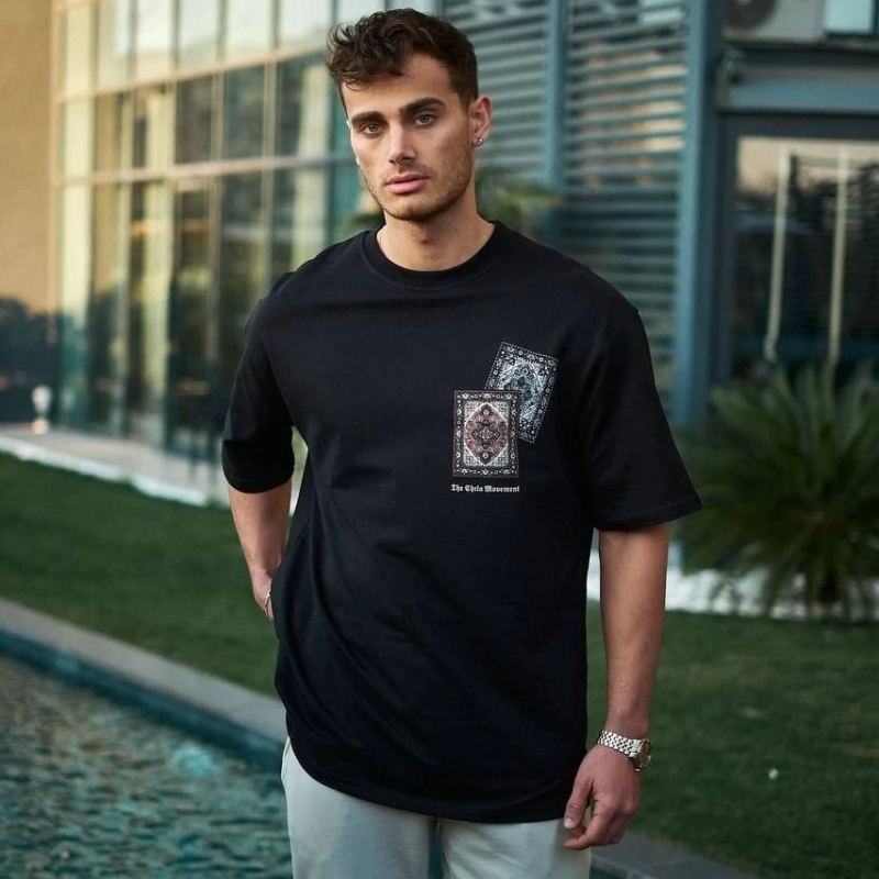 Erkek Kısa Kol Yazlık Tişört Bisiklet Yaka Baskılı Oversize T-Shirt - Siyah Erkek Kısa Kol Yazlık Tişört Bisiklet Yaka Baskılı Oversize T-Shirt - Siyah