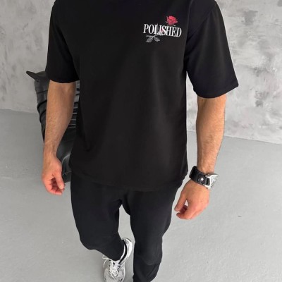 Erkek Kısa Kol Yazlık Tişört Bisiklet Yaka Baskılı Oversize T-Shirt - Siyah Erkek Kısa Kol Yazlık Tişört Bisiklet Yaka Baskılı Oversize T-Shirt - Siyah