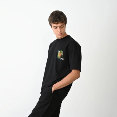 Erkek Kısa Kol Yazlık Tişört Bisiklet Yaka Baskılı Oversize T-Shirt - Siyah