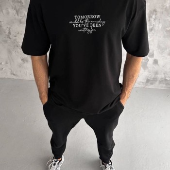 Erkek Kısa Kol Yazlık Tişört Bisiklet Yaka Baskılı Oversize T-Shirt - Siyah Erkek Kısa Kol Yazlık Tişört Bisiklet Yaka Baskılı Oversize T-Shirt - Siyah
