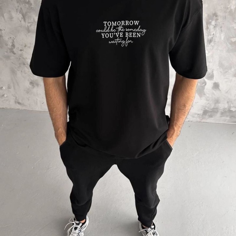Erkek Kısa Kol Yazlık Tişört Bisiklet Yaka Baskılı Oversize T-Shirt - Siyah Erkek Kısa Kol Yazlık Tişört Bisiklet Yaka Baskılı Oversize T-Shirt - Siyah
