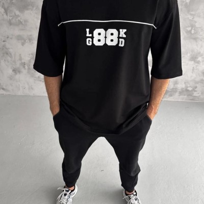 Erkek Kısa Kol Yazlık Tişört Bisiklet Yaka Baskılı Oversize T-Shirt - Siyah Erkek Kısa Kol Yazlık Tişört Bisiklet Yaka Baskılı Oversize T-Shirt - Siyah
