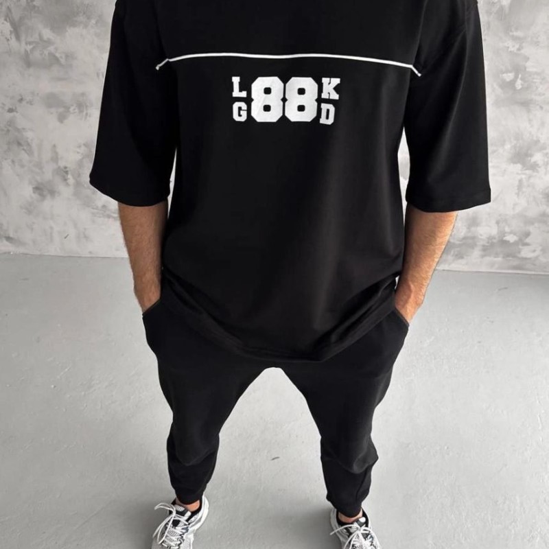 Erkek Kısa Kol Yazlık Tişört Bisiklet Yaka Baskılı Oversize T-Shirt - Siyah Erkek Kısa Kol Yazlık Tişört Bisiklet Yaka Baskılı Oversize T-Shirt - Siyah