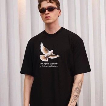 Erkek Kısa Kol Yazlık Tişört Bisiklet Yaka Baskılı Oversize T-Shirt - Siyah Erkek Kısa Kol Yazlık Tişört Bisiklet Yaka Baskılı Oversize T-Shirt - Siyah