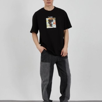 Erkek Kısa Kol Yazlık Tişört Bisiklet Yaka Baskılı Oversize T-Shirt - Siyah