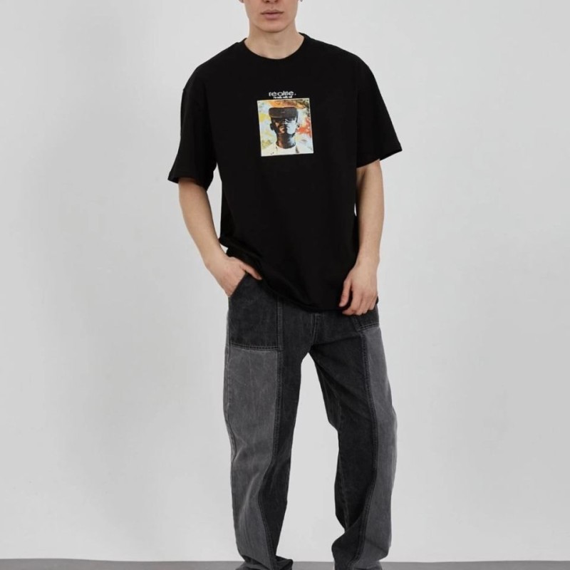 Erkek Kısa Kol Yazlık Tişört Bisiklet Yaka Baskılı Oversize T-Shirt - Siyah