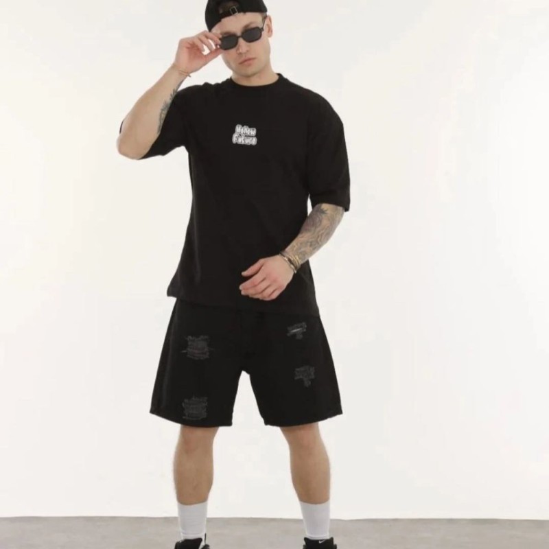 Erkek Kısa Kol Yazlık Tişört Bisiklet Yaka Baskılı Oversize T-Shirt - Siyah Erkek Kısa Kol Yazlık Tişört Bisiklet Yaka Baskılı Oversize T-Shirt - Siyah