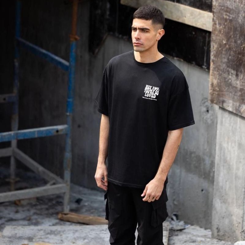 Erkek Kısa Kol Yazlık Tişört Bisiklet Yaka Baskılı Oversize T-Shirt - Siyah