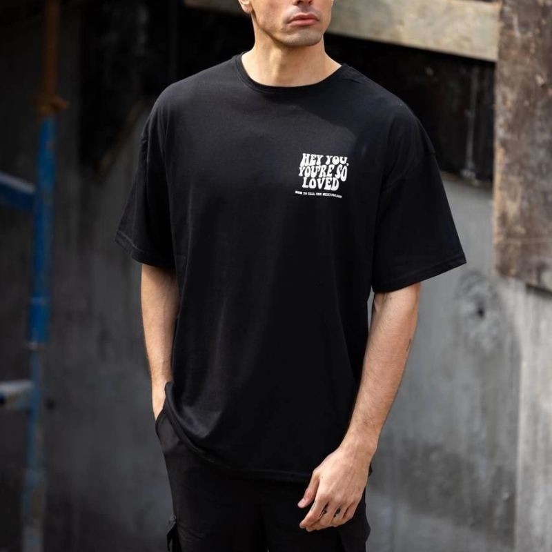 Erkek Kısa Kol Yazlık Tişört Bisiklet Yaka Baskılı Oversize T-Shirt - Siyah