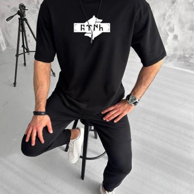 Erkek Kısa Kol Yazlık Tişört Bisiklet Yaka Baskılı Oversize T-Shirt - Siyah Erkek Kısa Kol Yazlık Tişört Bisiklet Yaka Baskılı Oversize T-Shirt - Siyah