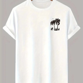Erkek Kısa Kol Yazlık Tişört Bisiklet Yaka Palmiye Baskılı T-Shirt - Beyaz