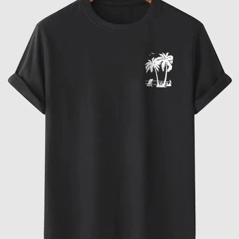 Erkek Kısa Kol Yazlık Tişört Bisiklet Yaka Palmiye Baskılı T-Shirt - Siyah