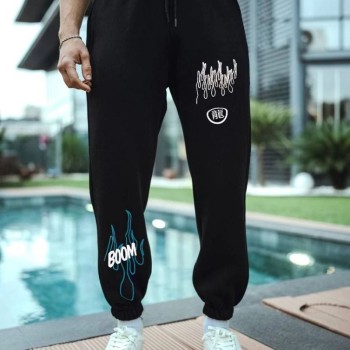 Erkek Kışlık Üç İplik Baskılı Eşofman Pantolon - Siyah