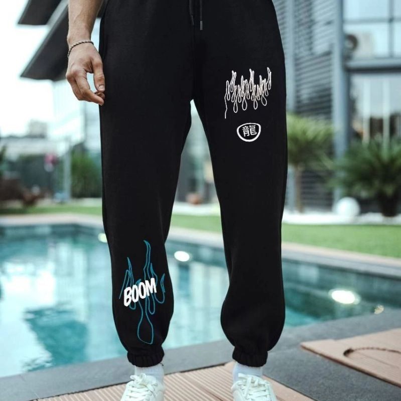 Erkek Kışlık Üç İplik Baskılı Eşofman Pantolon - Siyah