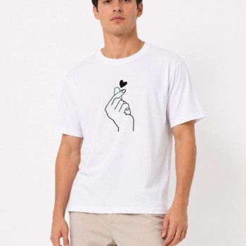 Erkek Kore Parmak Kalp Aşk Temalı Minimal Baskılı Tişört Yazlık Kısa Kol T-Shirt - Beyaz Erkek Kore Parmak Kalp Aşk Temalı Minimal Baskılı Tişört Yazlık Kısa Kol T-Shirt - Beyaz