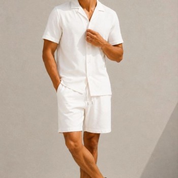 Erkek Krep Kumaş Nefes Alan Kısa Kollu Gömlek Cepli Şort Alt Üst Takım - Beyaz
