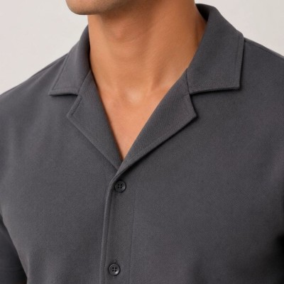 Erkek Krep Kumaş Nefes Alan Kısa Kollu Gömlek Cepli Şort Alt Üst Takım - Füme