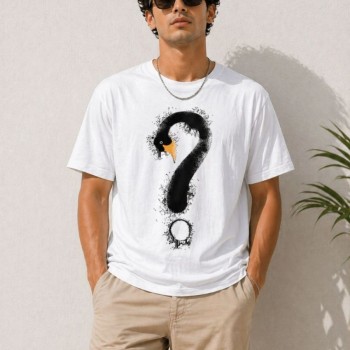Erkek Kuğu Figürlü Soru İşareti Baskılı Tişört Kısa Kol T-Shirt - Beyaz Erkek Kuğu Figürlü Soru İşareti Baskılı Tişört Kısa Kol T-Shirt - Beyaz