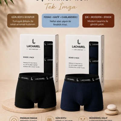 Erkek Likralı Pamuklu Nefes Alan Penye Boxer 2'Li Paket - Siyah & Lacivert