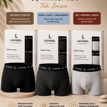 Erkek Likralı Pamuklu Nefes Alan Penye Boxer3'Lü Paket - Siyah & Füme & Gri