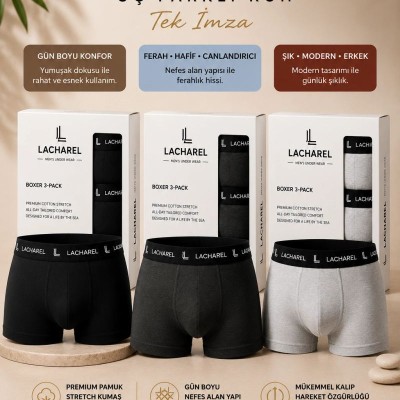 Erkek Likralı Pamuklu Nefes Alan Penye Boxer3'Lü Paket - Siyah & Füme & Gri