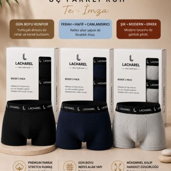 Erkek Likralı Pamuklu Nefes Alan Penye Boxer3'Lü Paket - Siyah & Gri & Lacivert