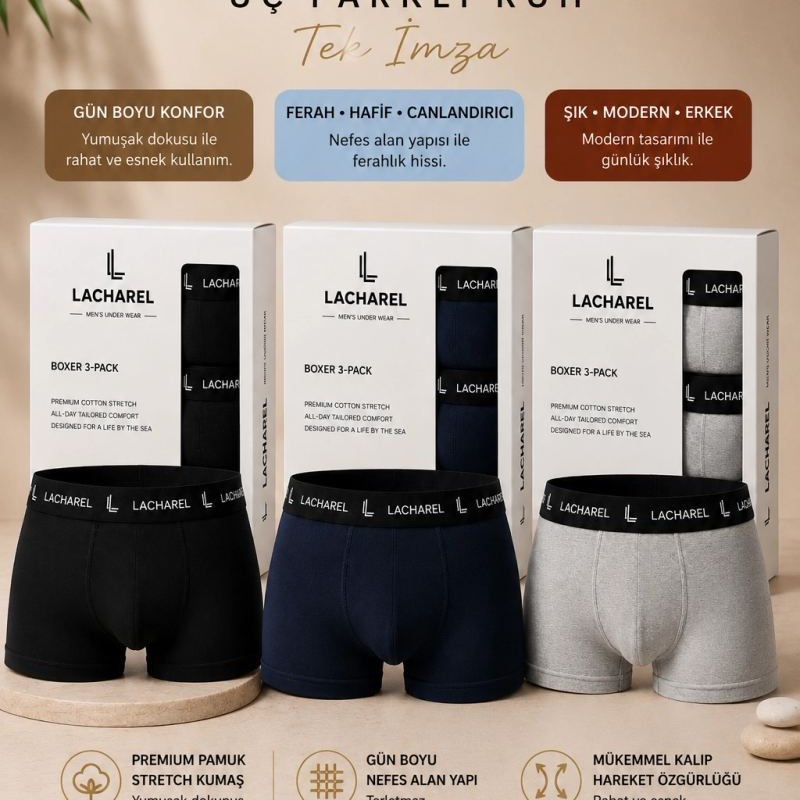 Erkek Likralı Pamuklu Nefes Alan Penye Boxer3'Lü Paket - Siyah & Gri & Lacivert