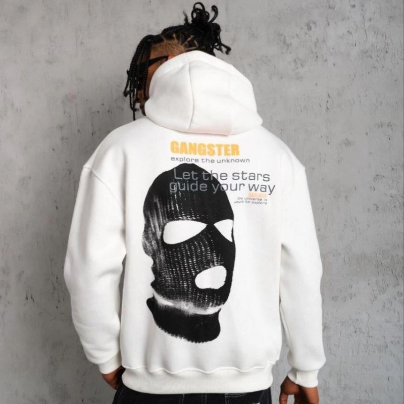 Erkek Maske Baskılı 3 iplik pamuklu Kapüşonlu Sweatshirt hoodie - Beyaz Erkek Maske Baskılı 3 iplik pamuklu Kapüşonlu Sweatshirt hoodie - Beyaz