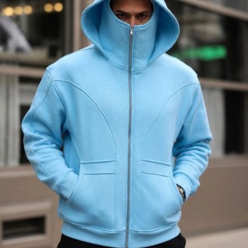 Erkek Maskeli Ninja Model Çift Kapüşonlu 3 İplik Şardonlu Fermuarlı Sweatshirt - Bebek Mavisi